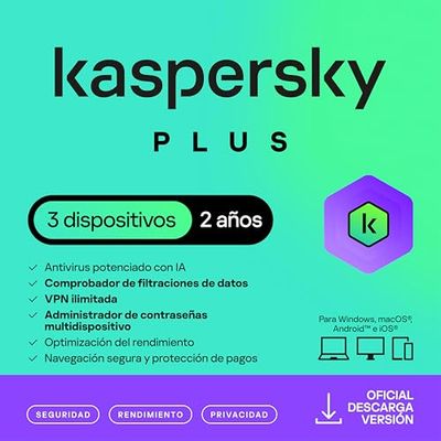 Kaspersky Plus Internet Security 2025 | 3 Dispositivos | 2 años | Anti-Phishing y Firewall| VPN ilimitada | Gestor de contraseñas | Protección Bancaria en línea | PC/Mac/Móvil | Código por email