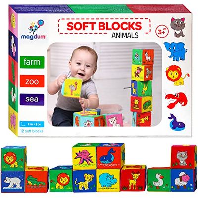 Bloques Blandos Bebe MAGDUM 12 Cubos Bebe - Juguetes Bebes 6-12 meses Educativo - Juego de Bloques - Juego Bebe 6 meses - Juguetes Desarrollo Bebe - Juego Bloques ninos - Cubos Blandos bebe