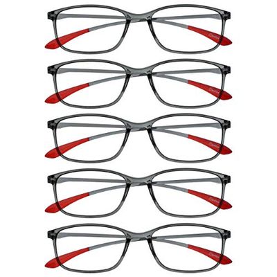 OPULIZE Ice Gafas de Lectura Pack de 5 Diseño Elegante Gris Cristal Puntas Rojas Claro Lentes Resistentes a Arañazos Montura Ultra Ligera para Uso sin Fatiga Unisex Hombre Mujer RRRRR61-7 +2.50