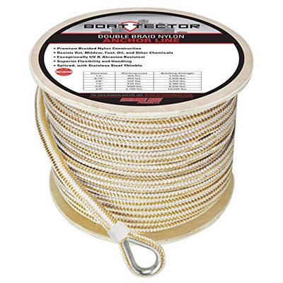 Extreme Max BoatTector - Ligne d'ancrage en Nylon Double Tresse avec Crochet, Blanc et doré, 3006.2267, Blanc/doré, 1/2" X 300'