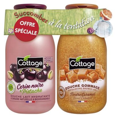 Cottage - Set di 1 doccia latte idratante ciliegia nera e pistacchio + 1 doccia scrub tenero caramello - Made in France - 250 ml + 270 ml