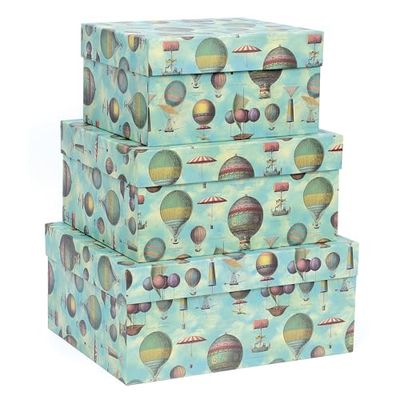 Magicamente Carta Set of 3 High Quality Cardboard Boxes with Lids, Gift Boxes, 28 x 23 x 15 cm + 33 x 28 x 16 cm + 38 x 30 x 17 cm, Gold Decoration with Human Paper. Pattern: Air Balloons