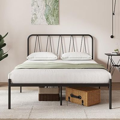 Novilla 36 cm metalen kingsize bedframe, platformbedframe met hoofdeinde, stalen lattenondersteuning, matrasfundering, eenvoudige montage, opbergruimte onder het bed, 150 x 200 cm, zwart