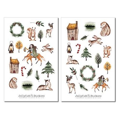 Set di adesivi con ragazze e animali invernali - Adesivo, adesivo per diario, adesivo per planner, adesivo autunno, animali della foresta, foresta, natura, volpe, orso