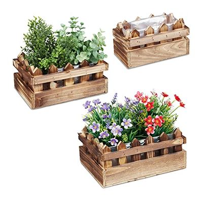 Relaxdays plantenbak hout, set van 3, hekvorm, vensterbank & balkon, met verschillende grootte, balkonbak, natuur