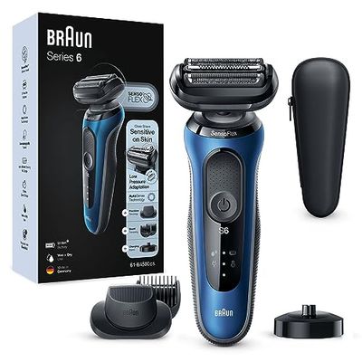 Braun Series 6 Rasoio Elettrico Barba, Regolabarba Uomo EasyClick, Base Di Ricarica, SensoFlex, Wet&Dry, Ricaricabile, Custodia da Viaggio, Rasoio A Lamina Senza Fili, 61-B4500cs Blu