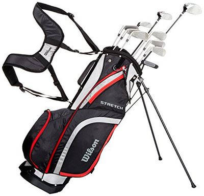 Wilson WGG157548 Set completo para iniciantes, 10 bastões de golfe com bolsa de transporte, mão direita, homem, preto/cinzento/vermelho, Stretch XL