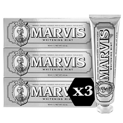 Marvis Dentifricio alla menta sbiancante, 3 × 85 ml, dentifricio sbiancante favorisce uno sbiancamento naturale dei denti, il dentifricio rimuove la placca e dona freschezza duratura