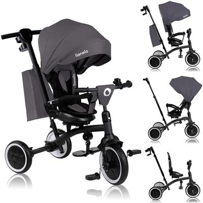 LIONELO Tris Plus 2in1 Bicicletta Triciclo e Passeggino pieghevole per bambini da 9 mesi fina a 25kg Sedia 360gradi Fronte Mamma o Strada Bici regolabile e compatta Borsa Portabibite Ruote PU