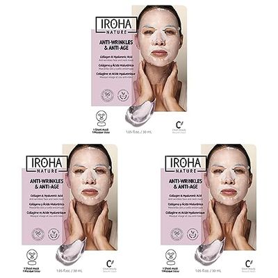 IROHA NATURE - Mascarilla Facial y Cuello Tisú ANTIARRUGAS y ANTIEDAD con Colágeno. Reafirma, Previene aparición arrugas y líneas expresión (Paquete de 3)