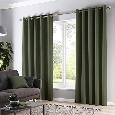 Fusion - Bottle Green Blackout Curtains W90 x L90 (229 x 229cm) - 100% Cotton - Thick Weave 2 Panels - Green Eyelet Curtains - Soundproof/Thermal Curtains in Green - Curtains for Bedroom/Living Room