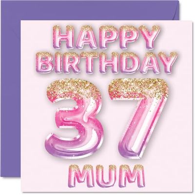 37th Birthday Card for Mum - Pink & Purple Glitter Balloons - Happy Birthday Cards for 37 Year Old Mum Mother from Son Daughter, 145mm Bday Greeting Cards Gift