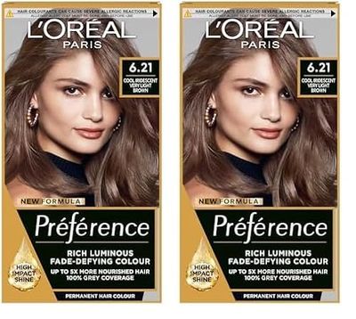 L'Oreal Paris Preference Hair Dye, Long Lasting, Luminous Permanent Hair Colour, 6.21, Zurich (Packaging may vary) (Pack of 2)