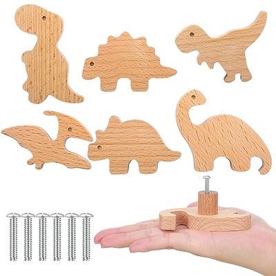 Qunclay Lot de 6 boutons d'armoire décoratifs en bois avec vis, poignées de commode, boutons de commode, boutons de meubles, poignées de tiroir de chambre d'enfant (dinosaure)