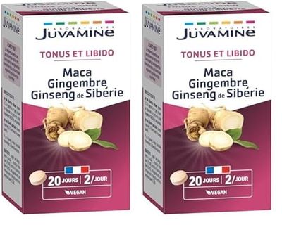 JUVAMINE Maca Gingembre et Ginseng de Sibérie, Tonifiant Sexuel, Tonus et Vigueur, Tonifiant, Stimulant, Programme de 20 jours, 40 Comprimés, Fabriqué en France (Lot de 2)