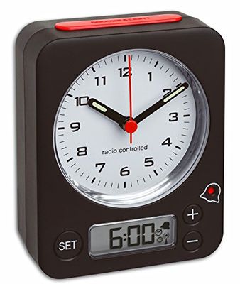 TFA Dostmann 60.1511 Relógio despertador analógico de viagem, preto e vermelho