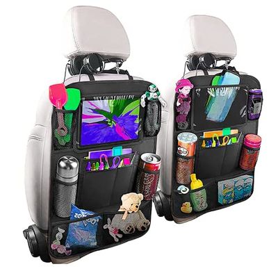 BillyBath Set van 2 rugleuningbeschermers voor kinderen met 25,5 cm iPad/tabletzak, 600d Oxford-stof, waterdichte autostoelrugleuning, organizer, autostoelbeschermer, rugleuning, zwart