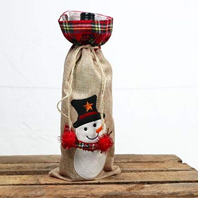 SHATCHI Wine Bottle Liquor Cover Bag with Drawstring Printed Pattern Burlap Hessian Linen Novelty Dinner Table Decorations-Reindeer/Snowman/Robin/Christmas Pudding, 15x35cm