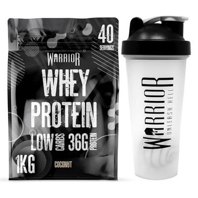 Bundle Warrior Whey 1kg + Shaker 600ml - Up to 36g* of Protein Per Shake – Low Carbs – GMP Certified (Coconut, 1kg)