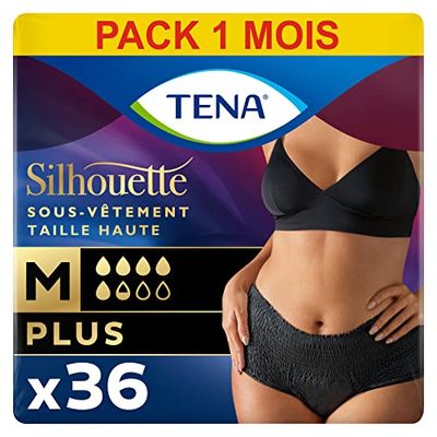 TENA Silhouette Plus Taille Haute - Sous-Vêtements Absorbants Jetables Incontience Femme - Post-Accouchement - pour Fuites Urinaires Modérées à Fortes, Noir, Taille M, 36 Culottes (Pack 1 Mois)