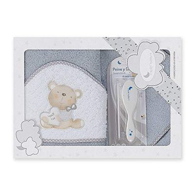Amazon - Cape de bain avec capuche, Love gris - 100% coton -et Ensemble Brosse à Cheveux et Peigne