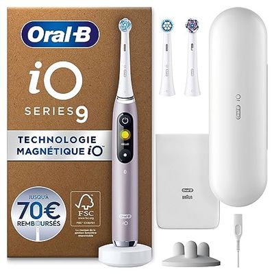 Oral-B iO Series 9 Brosse À Dents Électrique Rose, Un Capteur De Pression Pour Protéger Les Gencives Sensibles, Des Accessoires, 3 Brossettes Rondes De Rechange, 1 Chargeur, 1 Étui De Voyage