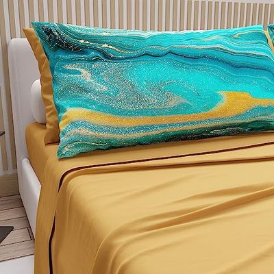 PETTI Artigiani Italiani - Sábanas de algodón con Fundas de Almohada en impresión Digital, sábana de Matrimonio, Juego de Cama Completo, Color Amarillo Ocre, 100% Made in Italy