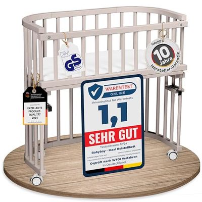 babybay Extra groot bijzetbed van massief beukenhout, kinderbed, hoogte traploos verstelbaar en milieuvriendelijk, met matras, rooster, wielen (beige gelakt)
