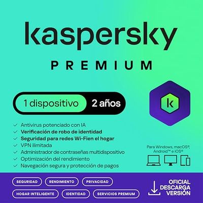 Kaspersky Premium Total Security 2025 | 1 Dispositivo | 2 años | Anti-Phishing y Firewall | VPN ilimitada | Gestor de contraseñas | Control parental | Soporte 24/7 | PC/Mac/Móvil | Código por email