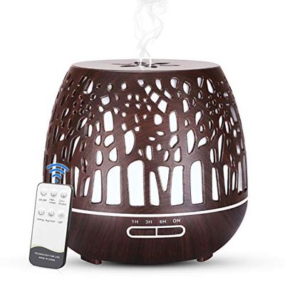 Simpeak Geurverspreider, 400 ml, ultrasoon, met afstandsbediening, hout, voor etherische olie, gesneden bos, donkerbruin