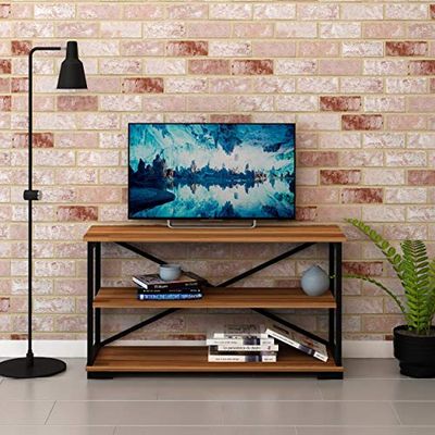 Homemania FLY176007 TV-kast voor woonkamer, deur, planken, standaard, walnoot, zwart, melaminespaanplaat, metaal, 100 x 30 x 55 cm