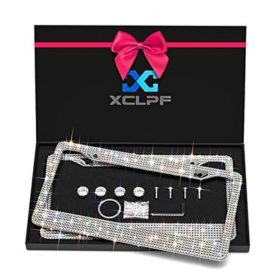 XCLPF - Cornice per targa da donna, luccicante, in acciaio inossidabile, oltre 1000 pezzi, 14 sfaccettature in vetro trasparente con strass con diamanti bianchi e confezione regalo (2 pezzi)
