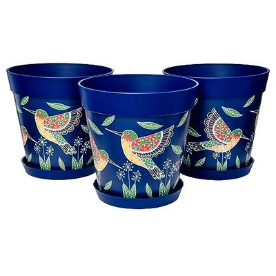 Hum Flowerpots Juego de 3 macetas de plástico para Interiores y Exteriores de 25 cm de diámetro y 3 platillos de 19 cm de diámetro (colibríes Azules)