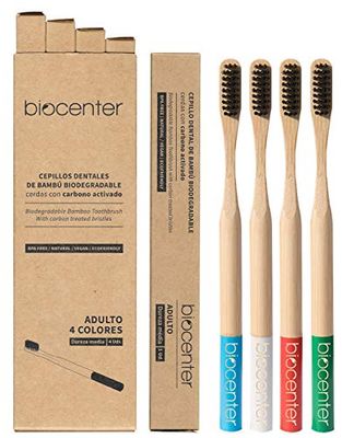 BIOCENTER Cepillos de dientes de Bambú para ADULTO - Caja de 4 unidades