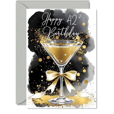 42nd Birthday Card - Golden Champagne Glass - Traditional Elegant Beautiful Gold Birthday Cards for 42 Year Old Woman Man Women Men, A5 Gorgeous Greeting Cards Gift