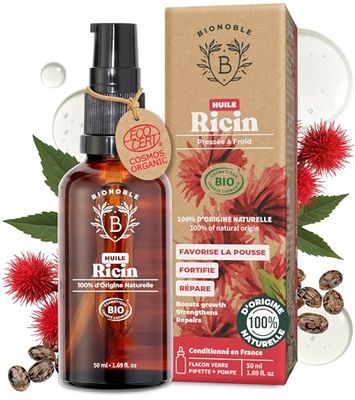 Bionoble Huile de Ricin Bio 50ml - 100% Pure, Naturelle et Pressée à Froid - Cils, Sourcils, Corps, Cheveux, Barbe, Ongles - Vegan, Cruelty Free - Castor Oil - Bouteille en Verre + Pipette + Pompe