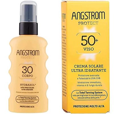 Angstrom Protect Latte Solare in Formato Spray, Protezione Solare Corpo 30+ & Protect Crema Solare Viso, Protezione viso 50+ con Azione Ultra Idratante, Nutriente e Duratura