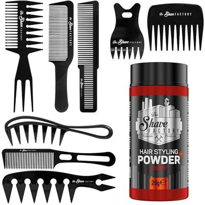 The Shave factory Hair Styling Powder - Mattifying and Volumizing Powder, with comb types suitable for all areas of use, hair comb and powder wax (Comb Set & Ruby Styling Powder 20gr)