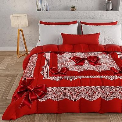 PETTI Artigiani Italiani - Winter Quilt for a Double Bed and a Half Quarter, Solid Colour and Digital Print Red Bow, Made in Italy