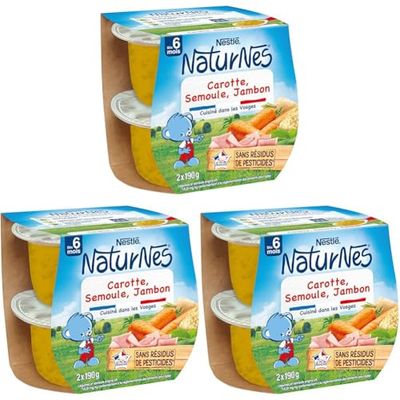 Nestlé Bébé - Naturnes - Carottes, Semoule, Jambon - Dès 6 mois - Pack de 2x190g (Lot de 3)