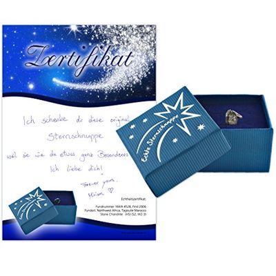 Geschenke mit Namen Autentica stella cadente in confezione regalo, meteorite con certificato di autenticità e certificato di battesimo; potete scrivere la vostra dedica personale.