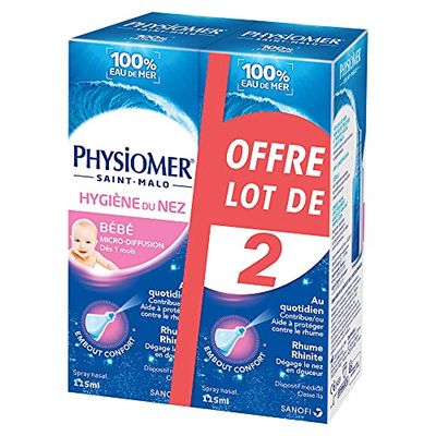 Physiomer Bébé Micro-diffusion - Hygiène du nez -Dispositif médical- Spray nasal 100% eau de mer à partir de 1 mois - 115 mL lot de 2