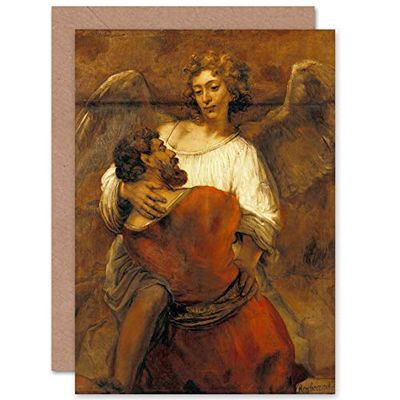Rembrandt Jacob Wrestling With The Angel Fine Art Greeting Card Plus Envelope Blank Inside