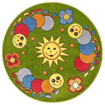 HANSE Home Livone Joyful Beetle - Alfombra Infantil (133 cm, Redonda, Pelo Suave, Colores Vivos, Ideal para la habitación de los niños, Resistente y fácil de Limpiar), Color Verde y Amarillo