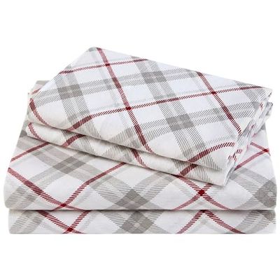 Comfort Spaces Cotton Flannel Breathable Warm Deep Pocket Sheets With Pillow Case Bedding, Twin, Plaid Grey/Red
