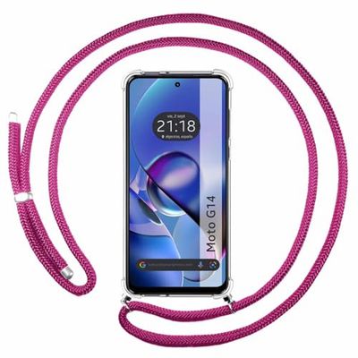 Tumundosmartphone Custodia a sospensione trasparente per Motorola Moto G14 con cordone rosa fucsia