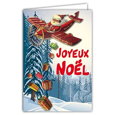 Afie 61-6035 Merry Christmas Card with Envelope and Collage Embossed Red Santa's Aviator in Gold Shiny Sparkling Glitter Gifts Falling from the Sky in Snow Forest Trees