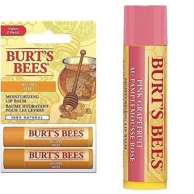 Burt's Bees Bálsamo labial hidratante de origen 100% natural,Miel con cera de abejas, 2 Unidad (Paquete de 1) & Bálsamo labial 100% natural, Pomelo rosa, 4.25g