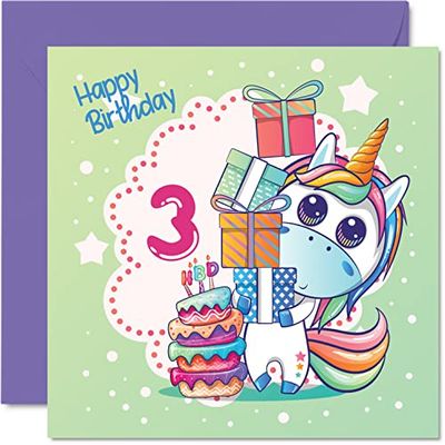 Tarjeta de tercer cumpleaños para niña, tarjeta de cumpleaños mágica de unicornio, tarjeta de feliz cumpleaños para niña de 3 años, tarjetas de cumpleaños para niñas, tarjetas de felicitación de 145 mm x 145 mm para hija, sobrina, nieta, niños