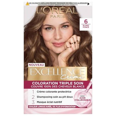 L’ORÉAL PARIS - Coloration Cheveux Permanente Triple Soin - Couvre 100% des Cheveux Blancs - Excellence Crème - Nuance : Blond Foncé (6)